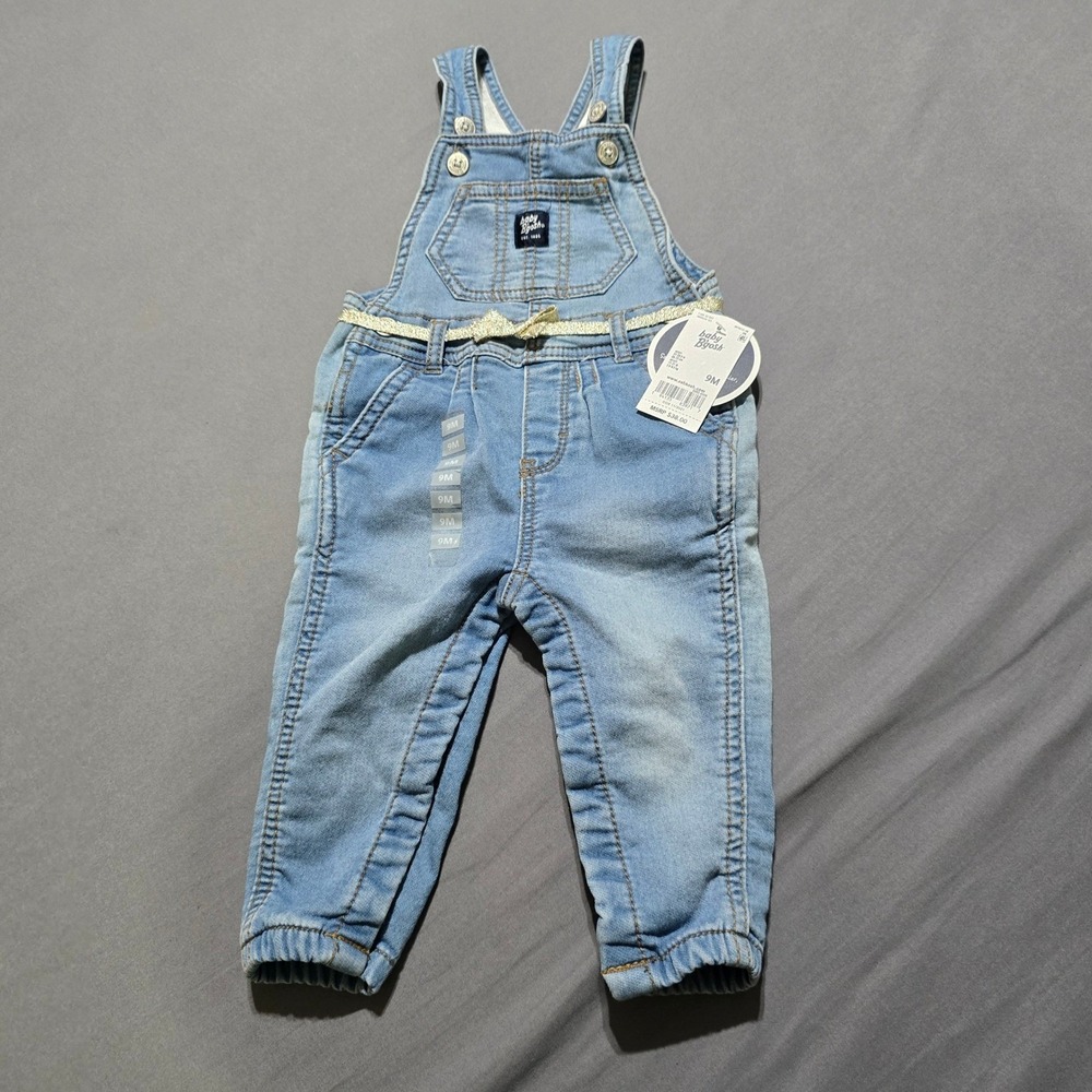 New OshKosh B'gosh Denim Overalls Baby Girls 9M Blue Gold Glitter Belt